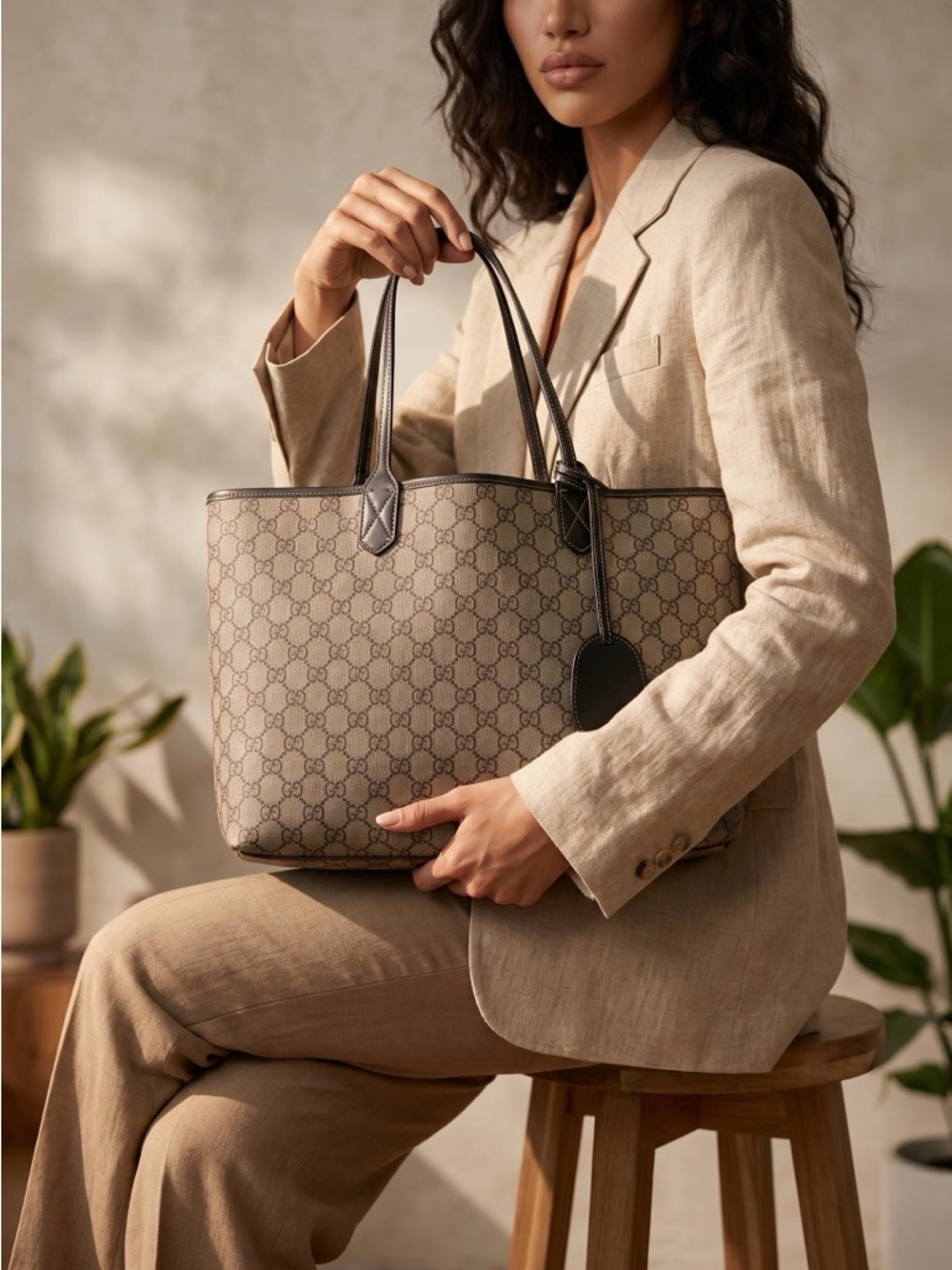 Gucci Beige/Brown GG Supreme Tote with Dark Brown Trim